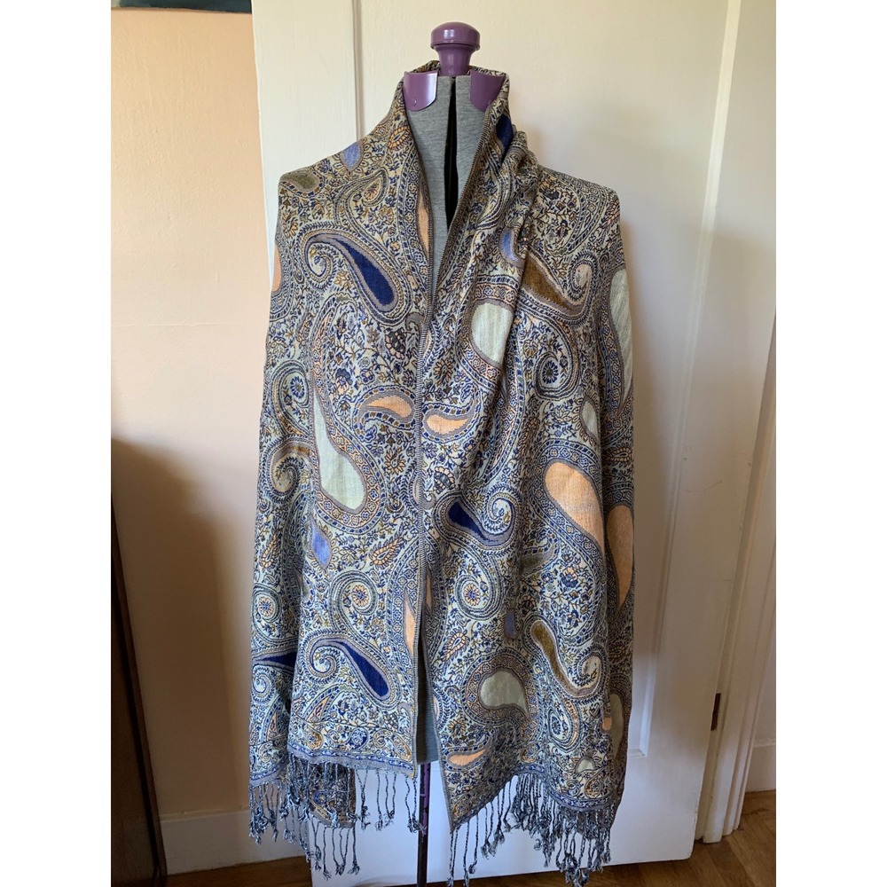 Pashmina Silk Paisley Scarf Shawl Wrap Blue Gold Tassel Fringe 27x70